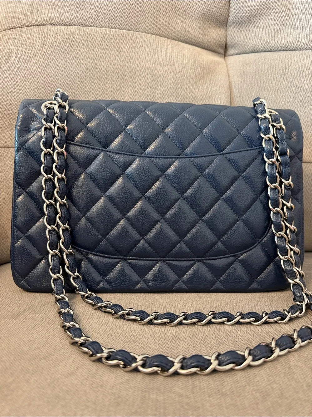 Authentic Chanel Classic Jumbo Double Flap Bag - Navy Blue Caviar Leather